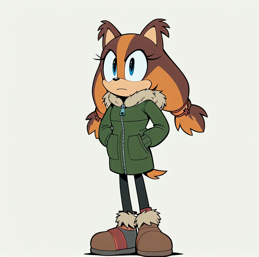 <lora:stickbadger_illustrious:1>, (masterpiece), (best quality), (ultra-detailed), amazing quality, very aesthetic, illustration, perfect composition, intricate details, absurdres, incredibly absurdres, sticks the badger, 1girl, solo, long hair, simple background, brown hair, long sleeves, white background, animal ears, closed mouth, standing, jacket, tail, full body, boots, coat, looking to the side, black pantyhose, fur trim, brown footwear, furry, zipper, green jacket, hands in pockets, hair tie, winter clothes, animal nose, brown fur, green coat, parka, fur-trimmed footwear, body fur, furry female, orange fur, two-tone fur, blue eyes,  <lora:TMoStH-Illustrious:1> tmosth,