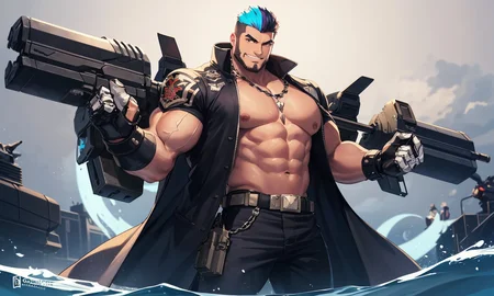 gay, bara, [(muscular:1.2)|musclegut], mature male, ([massive|:1.2)stocky], wild smile, cropped hair, (mechanical:1.15) , (huge cool weapon machine:1.5), (floating in the air:1.3), (multicolored hair:1.2), (long coat:1.1)