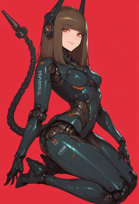 7481llu, masterpiece, best quality, good quality, newest, highres, absurdres, 1girl, solo, long hair, breasts, looking at viewer, smile, simple background, brown hair, red eyes, brown eyes, tail, full body, small breasts, medium hair, blunt bangs, orange eyes, kneeling, bodysuit, headgear, robot, red background, science fiction, android, joints, mecha musume, mechanical arms, cyborg, robot joints, mechanical parts, mechanical legs, mechanical horns, mechanical tail, mechanical ears, robot girl,