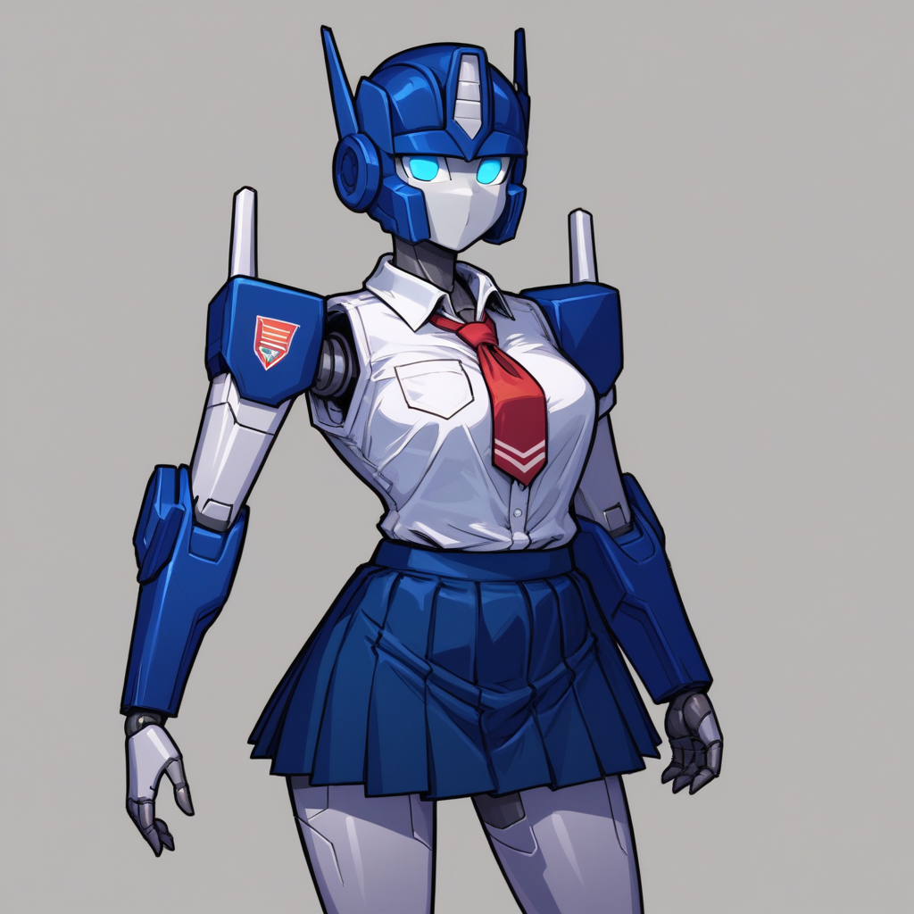 score_9_up, score_8_up, BREAK, no humans, FemPrime, 1girl, solo, blue eyes, robot, mecha, <lora:FemOptimusPrime_PXL_Leaf1:0.8>, school uniform, white shirt, skirt, cowboy shot,