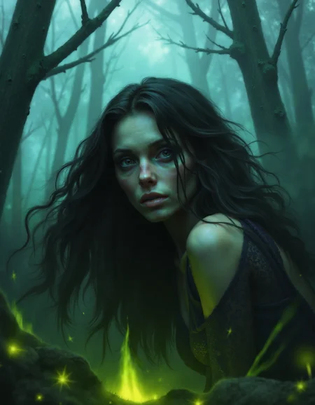 zavy-psnglw, Close-up shot from a low angle, young woman with ethereal features and long dark hair, surrounded by a dark forest with mist swirling around her, dramatic and surreal photographic style, vibrant greens and haunting purples with a hint of luminescent yellow.