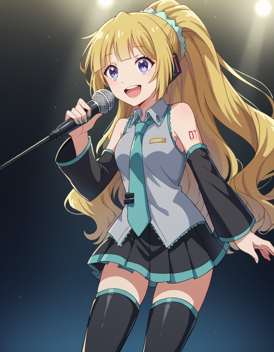 score_9, score_8_up, score_7_up, source_anime, keikaruizawa, <lora:kei-karuizawa-anime-s2-ponyxl-lora-nochekaiser:1>, kei karuizawa, long hair, bangs, blunt bangs, purple eyes, blonde hair, hair ornament, ponytail, scrunchie, blue scrunchie,, <lora:hatsune-miku-cosplay-ponyxl-lora-nochekaiser:1>, hatsunemikucosplay, hatsune miku \(cosplay\), aqua necktie, black footwear, black skirt, black sleeves, boots, collared shirt, detached sleeves, grey shirt, necktie, pleated skirt, shirt, skirt, sleeveless, sleeveless shirt, thigh boots, tie clip,, stage, stage lightings, singing, microphone, holding microphone, open mouth, smile,, cowboy shot, dutch angle,