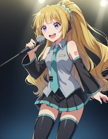 score_9, score_8_up, score_7_up, source_anime, keikaruizawa, <lora:kei-karuizawa-anime-s2-ponyxl-lora-nochekaiser:1>, kei karuizawa, long hair, bangs, blunt bangs, purple eyes, blonde hair, hair ornament, ponytail, scrunchie, blue scrunchie,, <lora:hatsune-miku-cosplay-ponyxl-lora-nochekaiser:1>, hatsunemikucosplay, hatsune miku \(cosplay\), aqua necktie, black footwear, black skirt, black sleeves, boots, collared shirt, detached sleeves, grey shirt, necktie, pleated skirt, shirt, skirt, sleeveless, sleeveless shirt, thigh boots, tie clip,, stage, stage lightings, singing, microphone, holding microphone, open mouth, smile,, cowboy shot, dutch angle,