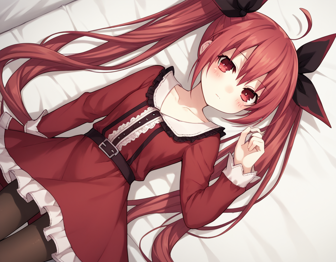 score_9, score_8_up, score_7_up, source_anime,
kotoriitsuka, <lora:kotori-itsuka-lightnovel-ponyxl-lora-nochekaiser:1>,
kotori itsuka, long hair, red eyes, twintails, very long hair, red hair, ahoge, ribbon, hair ribbon,
dress, collarbone, pantyhose, red dress, frills, long sleeves,
indoors, bed, bed room, on side, blush, drunk,
looking at viewer, solo, cowboy shot, dutch angle,