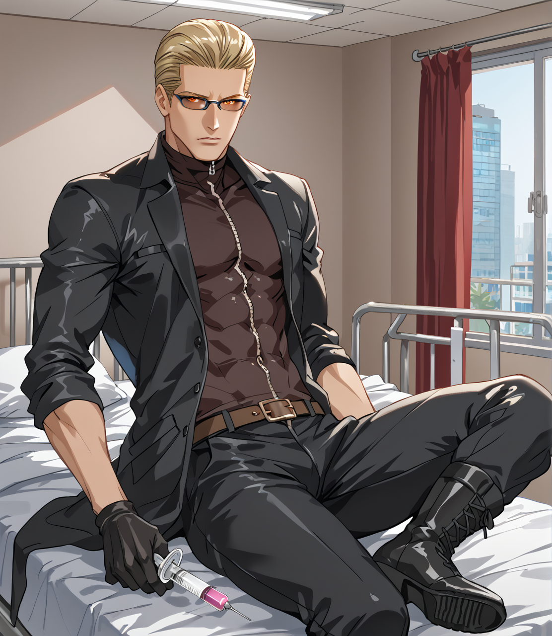 PonyScores7, source_anime, ah1, BREAK <lora:albertwesker-guy-PONYv1:0.8> albertwesker, albert wesker, 1boy, blonde, black gloves, (sunglasses:1.3), belt, black coat, black pants, looking at viewer, toned, athletic, fit, slicked back hair, black turtleneck, zipper, mature male, short hair, black boots, (<lora:1124 hospital bed_v1_pony:0.8> ruanyi1124,hospital bed,still life, sits on bed, holding syringe, medical syringe), (hospital, indoors, room, wearing white lab coat), (focused, intense glare, apathetic, contemptuous), (reddish orange eyes, slit pupils), (angular face, sharp_featured face), handsome, charming, alluring, BREAK <lora:xl_more_art-full_v1:0.2>, <lora:shinyskin2:0.2> glistening skin, <lora:aesthetic_anime_v1s:0.2>, <lora:Expressive_H:0.2> Expressiveh, <lora:hairdetailpxl:0.2> hairdetailpxl, <lora:EpicF4nta5yXL:0.2>, <lora:detailxl:0.2> detailxl, <lora:Fant5yP0ny:0.2>, best quality, amazing quality, best aesthetic, absurdres, <lora:expressive eyes:0.2> expressive eyes, <lora:eyedetailpxl:0.2> eyedetailpxl, illustration, Volumetric_Lighting, ultra-detailed, very aesthetic, intricate details, 8k, masterpiece, best_quality, BREAK <lora:Eyes_High_Definition:0.3> EyesHD, Stable_Yogis_PDXL_Positives, AS-Adult, <lora:Complicated fantasy portrait - XL Pony V2.0:0.4>, bad-hands-5, AS-MidAged, <lora:natsumi_style:0.5>,