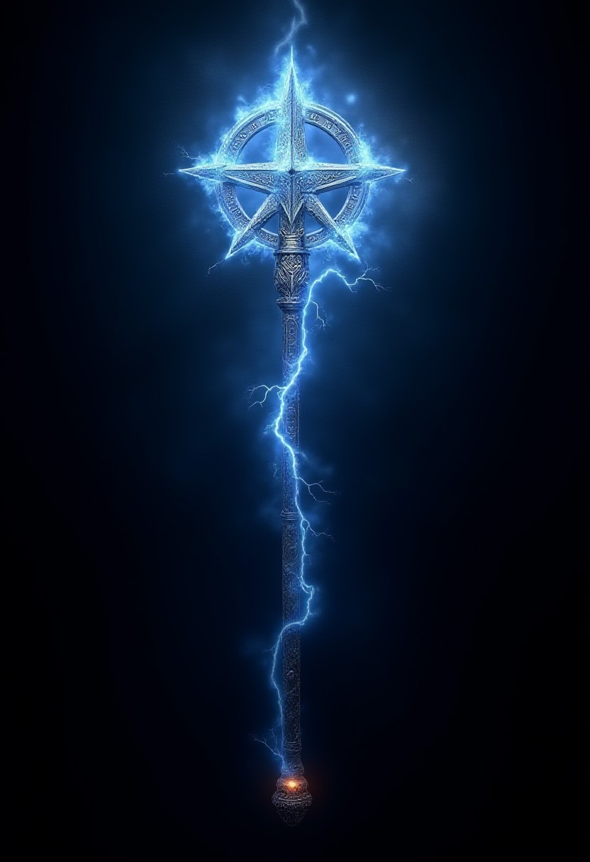 A intricatelly designed Morningstar Mace, coursing with lightning, magic glow, engulfed in blue flame, sparks of lightning, glowing embers, arcane runes, ivory handle, pitch black background, 4k, masterpiece, best quality, absurd res, concept art