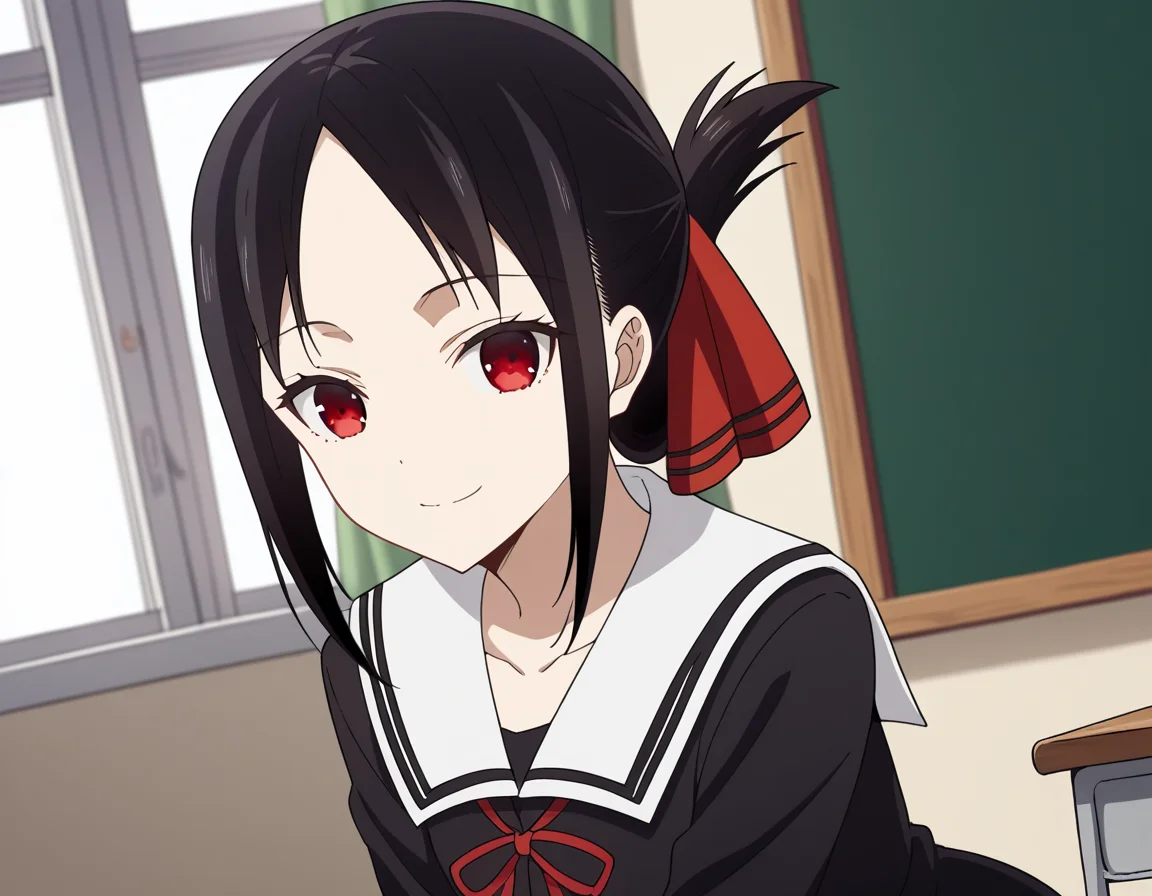 score_9, score_8_up, score_7_up, source_anime,
kaguyashinomiya, <lora:kaguya-shinomiya-s3-ponyxl-lora-nochekaiser:1>,
kaguya shinomiya, short hair, bangs, black hair, red eyes, hair ribbon, sidelocks, folded ponytail, parted bangs,
long sleeves, dress, ribbon, school uniform, collarbone, black dress, sailor collar, white sailor collar, red ribbon, neck ribbon, shuuchiin academy school uniform,
indoors, classroom, bent over, smile,
looking at viewer, cowboy shot, dutch angle, solo,