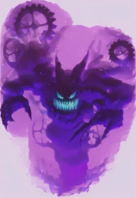score_9, score_8_up, score_7_up, (best quality), ultra-detailed, high resolution, 8k, Time Eater, monster, purple and black smoke, darkness, glowing blue eyes, fangs, glowing blue mouth, smoke, void, high quality, masterpiece, BREAK outside, Rich, Detailed background, ambient light