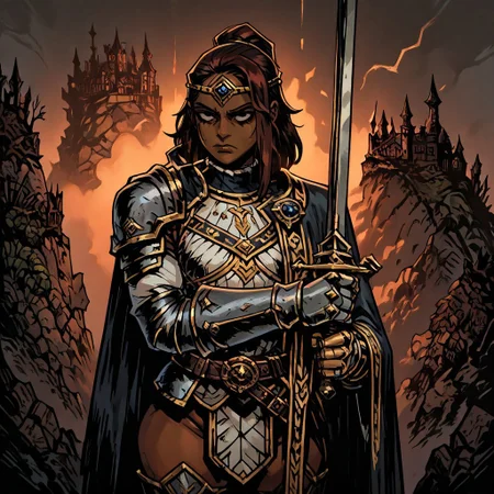 masterpiece, best quality, newest, absurdres, highres, TTCSV1.0,
black eyes, shaded eyes
DDstyle, official style,
1girl, DDDuelist-V1.1, dark skin, dark-skinned female, armor, circlet, cape, belt, dredlocks, brown hair, gauntlets, belt, holding, holding weapon, holding sword, sword,