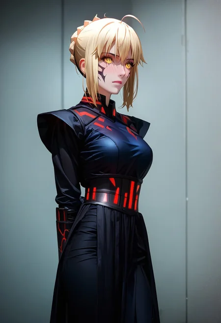 (score_9, score_8_up, score_7_up, high quality, best quality, ultra-detailed, very aesthetic, illustration, perfect composition, intricate details, absurdres, high res image, masterpiece, vibrant colors, beautiful face, detailed face, 1girl, solo focus, single character, perfect eyes, detailed eyes, female), SaberAlter, dark persona, blonde hair, yellow eyes, short hair, french braid, ahoge, pale skin, thick thighs, perfect body, voluptuous, large breasts, curvy body, narrow-waisted, (sith outfit, black robes), (hands behind back, blushing), (sci-fi, star wars(series), large corridor, spaceship interior)