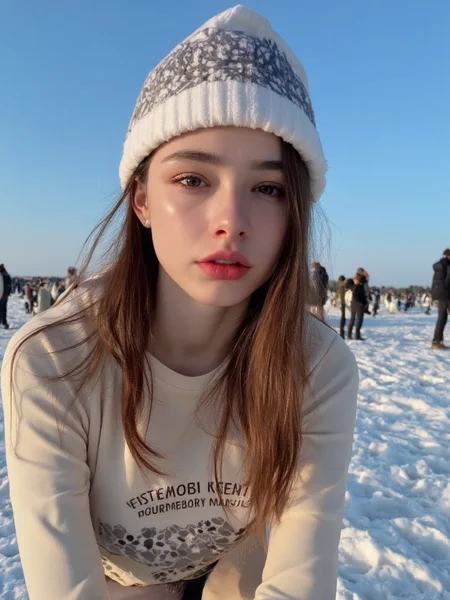 18yo beautiful cute girl with blushing and female orgasm,looking at viewer,she skin is naturally showing the texture of blood vessels and detailed pale skin,her thin face is very delicate,full body,
--,
--,
--,<lora:Dasha_Taran_majicf1_rank2_bf16:1>,she is Dasha Taran,in the south pole,there are many penguins around,outdoor winter wind,