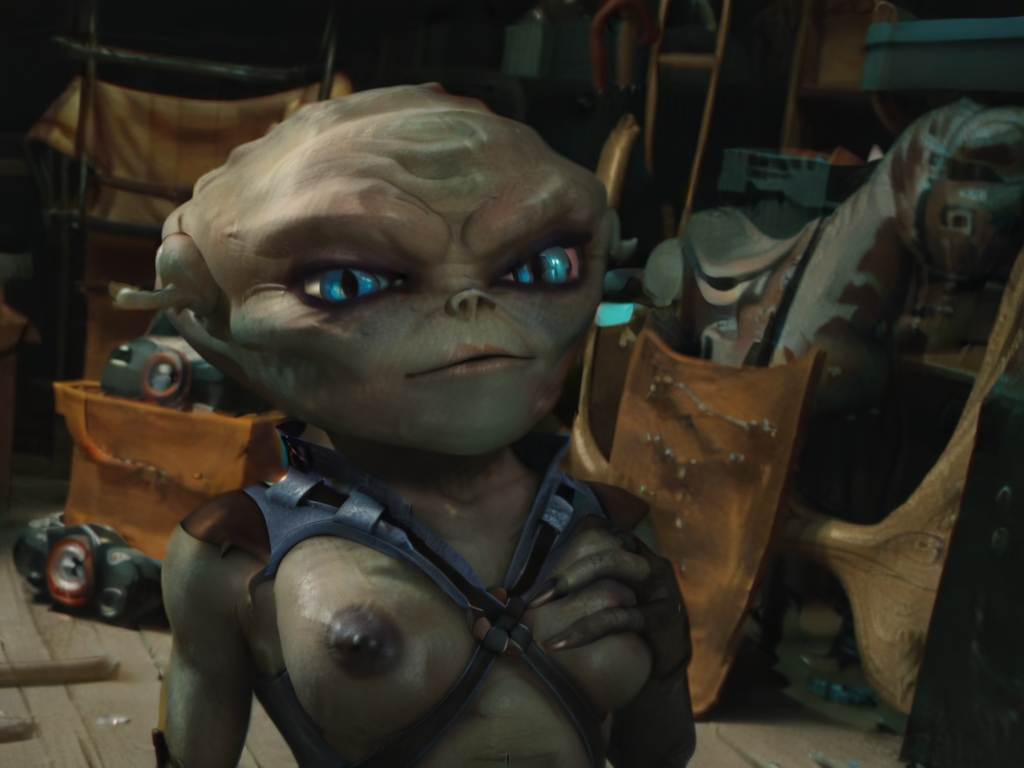 Score_9, score_8_up, score_7_up, score_6_up, BREAK,
screencap, indoors, attic
 <lora:Razor_Aliens_in_attic:1> 1girl, razor_(AITA), alien, blue eyes, twisted ears, long fingernails, hand on breasts, portrait, looking at viewer, nude, black nipples