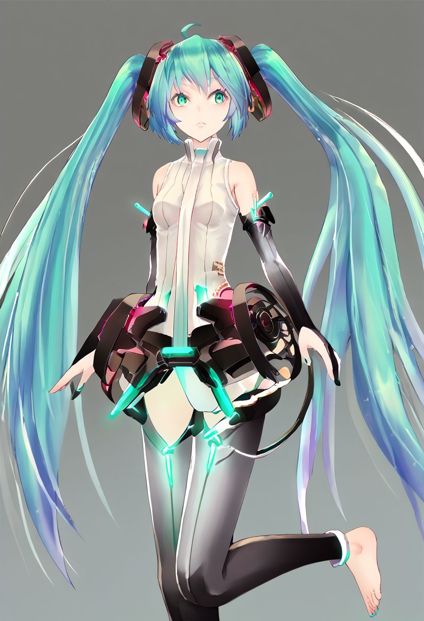 score_9, score_8_up, score_7_up, score_6_up, score_5_up, score_4_up, source_anime, 1girl, 
mikutda, hatsune_miku, hatsune_miku_\(append\), appendmiku, twintails, vocaloid_append, long_hair, ahoge, aqua_hair, aqua_eyes, bridal_gauntlets, sleeveless_shirt, center_opening, necktie, elbow_gloves, fingerless_gloves, belt, thighhighs, toeless_legwear, 
masterpiece, best quality, very aesthetic, absurdres,