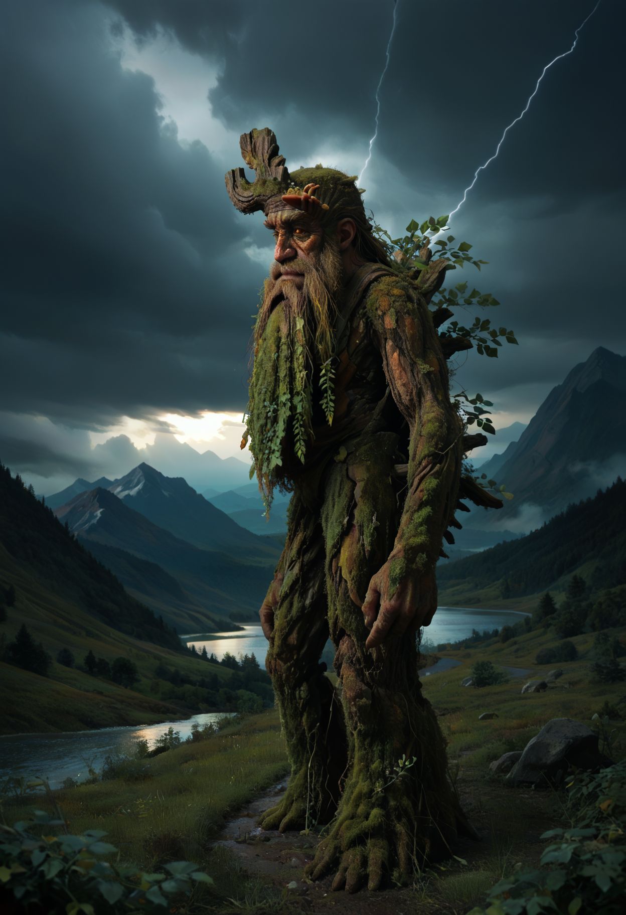 <lora:treebeard_lotr_pny-15:1.0> treebeard, ent, from side, yellow eyes, beard, moss, smile, outdoors, overcast, cloudy sky, storm, grass, mountain, river, day, roots, from below, upper body,, score_9, score_8_up, score_7_up, score_6_up, score_5_up, score_4_up