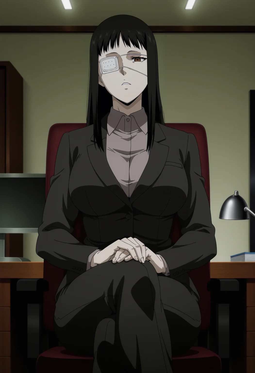 1girl,solo,mm,mature female,black hair,eyepatch,brown eyes,large breasts,anime coloring,long hair,
muscular,formal, pants,cowboy shot, sitting,on chair,crossed legs, hands on own knees, indoors, looking at viewer, office
,masterpiece,best quality,amazing quality,<lora:Valmet-Jormungand_ix:0.8>