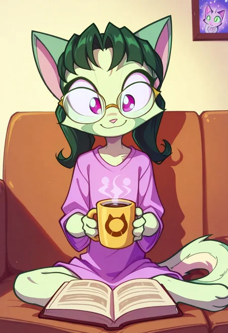 Dreamkeepers,1girl,prelude_lilith,solo,furry,tail,green hair, source_furry,glasses,magenta eyes,
child, kid,
 solo, living room, long  hair, , oversized  shirt, large t-shirt,  sitting, reading book, holding steaming coffee mug, relaxed smile, cute, cat, cozy,
t4kar4i_illu, no_outlines, no lineart,
masterpiece, best quality, absurdres, [dynamic pose]
