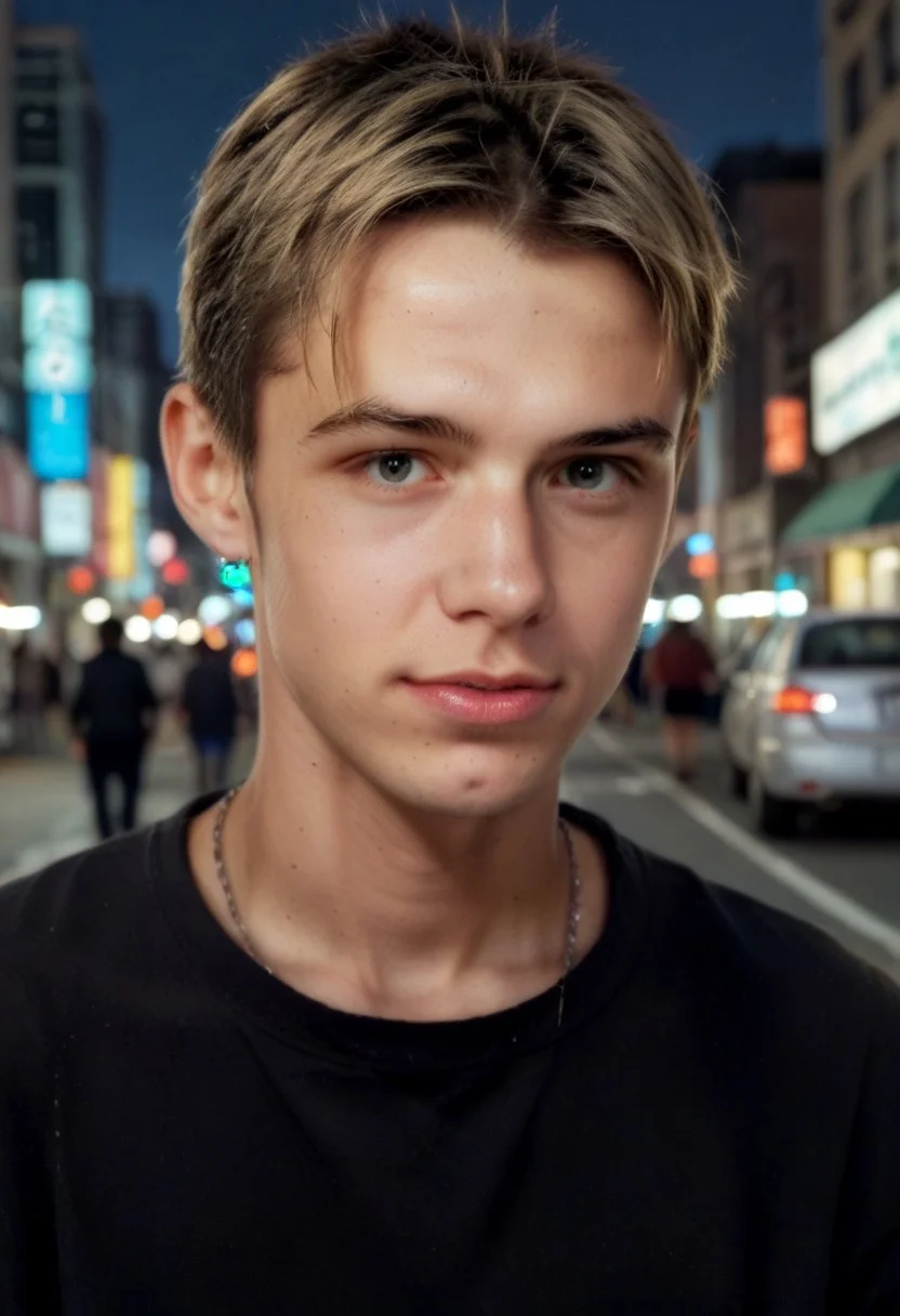 (curi:1.0),score_9, score_8_up, score_7_up,source_anime,25 years old, semilong hair, blonde, in street, in futuristic new york , 2077s, neon, night time, cinematiccomposition, HDR, 8k, musculated,beutyfull , clothes style blade runner ,