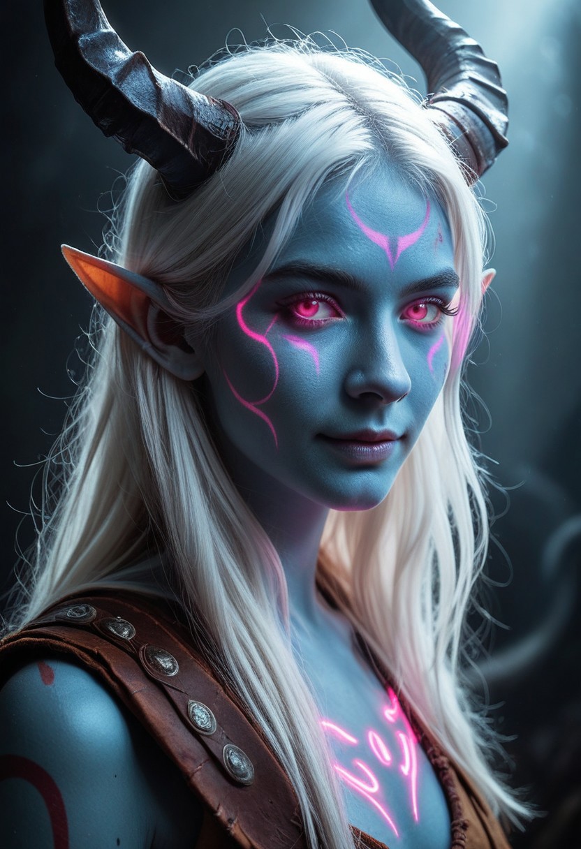 Score_9, score_8_up, score_8, RLSM, Realistic, Realism, Hyper Realistic, 1girl, portrait, beautiful, tiefling shaman, white hair, (long hair:1.3), side bangs, horns, barbarian, gladiator, war paint, tribal markings, long tail, blue skin, pink eyes, glowing eyes, (smug:0.85), dramatic lights, detailed