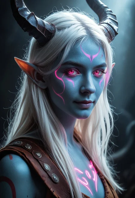 Score_9, score_8_up, score_8, RLSM, Realistic, Realism, Hyper Realistic, 1girl, portrait, beautiful, tiefling shaman, white hair, (long hair:1.3), side bangs, horns, barbarian, gladiator, war paint, tribal markings, long tail, blue skin, pink eyes, glowing eyes, (smug:0.85), dramatic lights, detailed