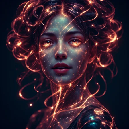 A gorgeous woman's face,her hair transforms into a glowing magical delight,she's smiling proudly,seemingly made of stars,gothic,ruby red lips,seductive,witch,dramatic,raw photo,cosmos,
<lora:ImageUpgraderV2:0.6>,<lora:aidmaGLOWV4wc:0.6>,<lora:aidmaBokeh:0.3>,<lora:Aura_Flux:0.4>,<lora:Dreamwave_FLUX:0.4>,<lora:FluxDFaeTasticDetails:0.4>,<lora:Flux_-_Renaissance_art_style:0.5>,<lora:DonMM4g1cFX:0.3>,<lora:abstract_render_flux:0.2>,<lora:FL-bailing-24-0824lightning:0.5>,<lora:Detailer2K:0.4>,<lora:Dever_Flux_Enhancer:0.4>,<lora:Flux_spirals_of_light:0.6>,<lora:dreamlands_flux:0.6>,