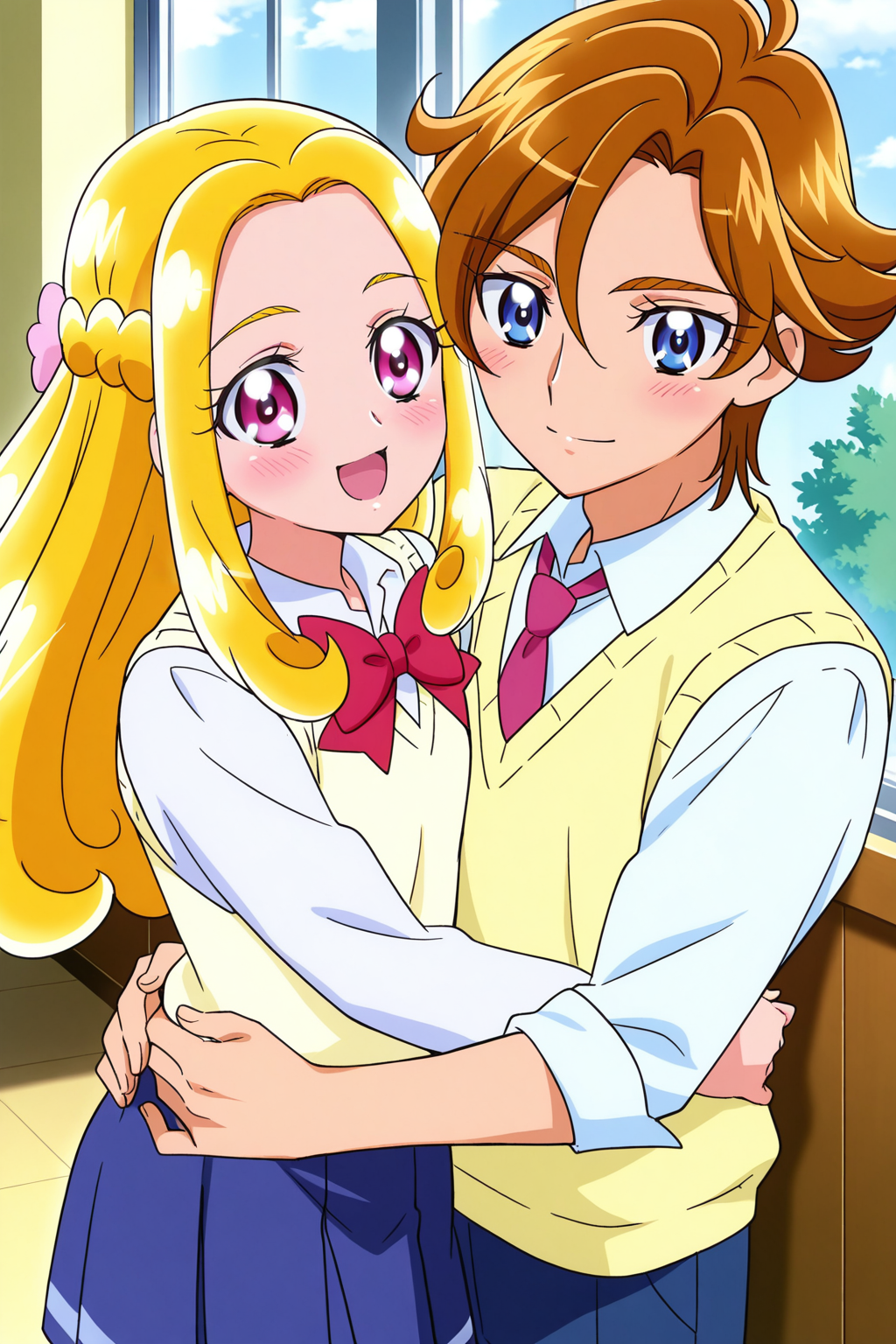 <lora:Mahoutsukai_Precure:1>, Mahoutsukai_Precure, 1girl, 1boy, necktie, blonde hair, school uniform, hug, blue eyes, long hair, hetero, shirt, brown hair, red bow, bow, open mouth, white shirt, smile, blush, sweater vest, pink eyes, skirt, collared shirt, bowtie, short hair, sweater, looking at viewer, couple