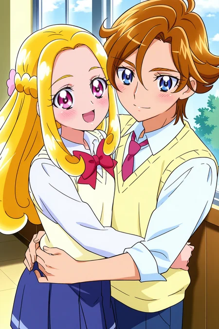 <lora:Mahoutsukai_Precure:1>, Mahoutsukai_Precure, 1girl, 1boy, necktie, blonde hair, school uniform, hug, blue eyes, long hair, hetero, shirt, brown hair, red bow, bow, open mouth, white shirt, smile, blush, sweater vest, pink eyes, skirt, collared shirt, bowtie, short hair, sweater, looking at viewer, couple