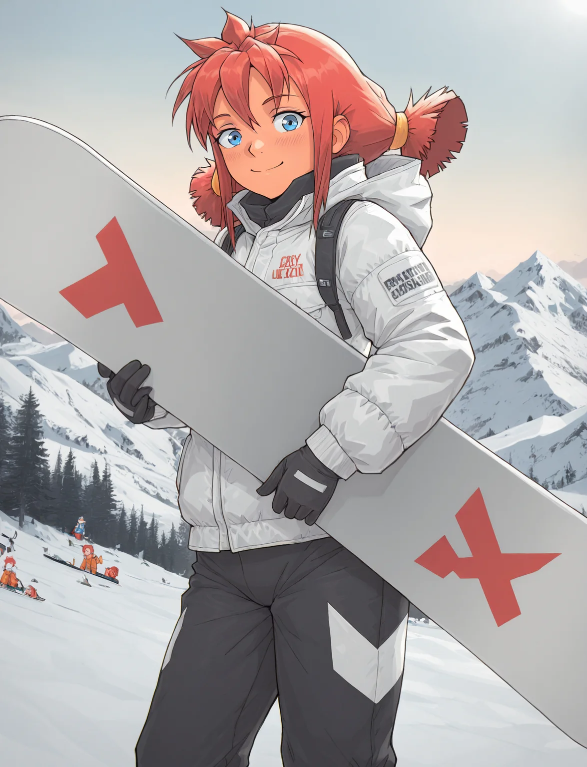 masterpiece, best quality, amazing quality, very aesthetic, absurdres, snow mountains, ski slope, sky
1girl, holding gray snowboard, , baggy clothes, winter jacket, gloves
<lora:LeonzoIll-000002:1> leonzo_ill
<lora:Ulyana_illustriousXL_V1:1> us, blue eyes, low twintails, red hair, smile