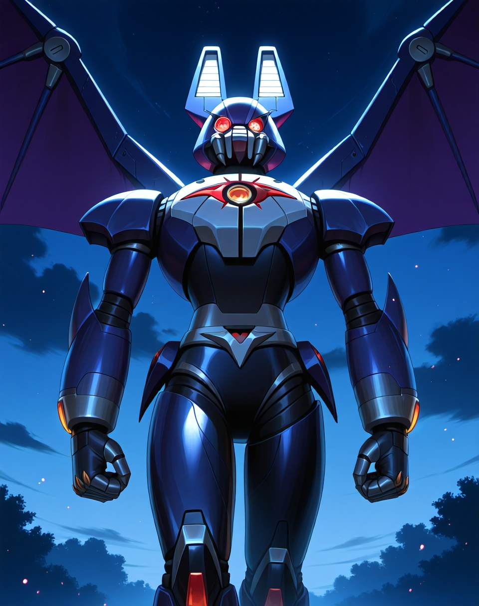 <lora:Dark_Necrobat_(Mega_Man_X)_(Illustrious)_(AD):1> Dark Necrobat, reploid, MMX, 
((
exterior, night sky with dark clouds,
male focus, intense shadows, dynamic shadows, intricate details, attention to details, gradient coloring, bright vivid colors, robot, bent leg, glossy metal body, dynamic action, cowboy shot, 
)), 
BREAK very awe, masterpiece, best quality, amazing quality, very aesthetic, highres, absurdres, photographic realism, 8K CGI render, 
EZRealPONYXL, zPDXL, Smooth Quality, lazynsfw,