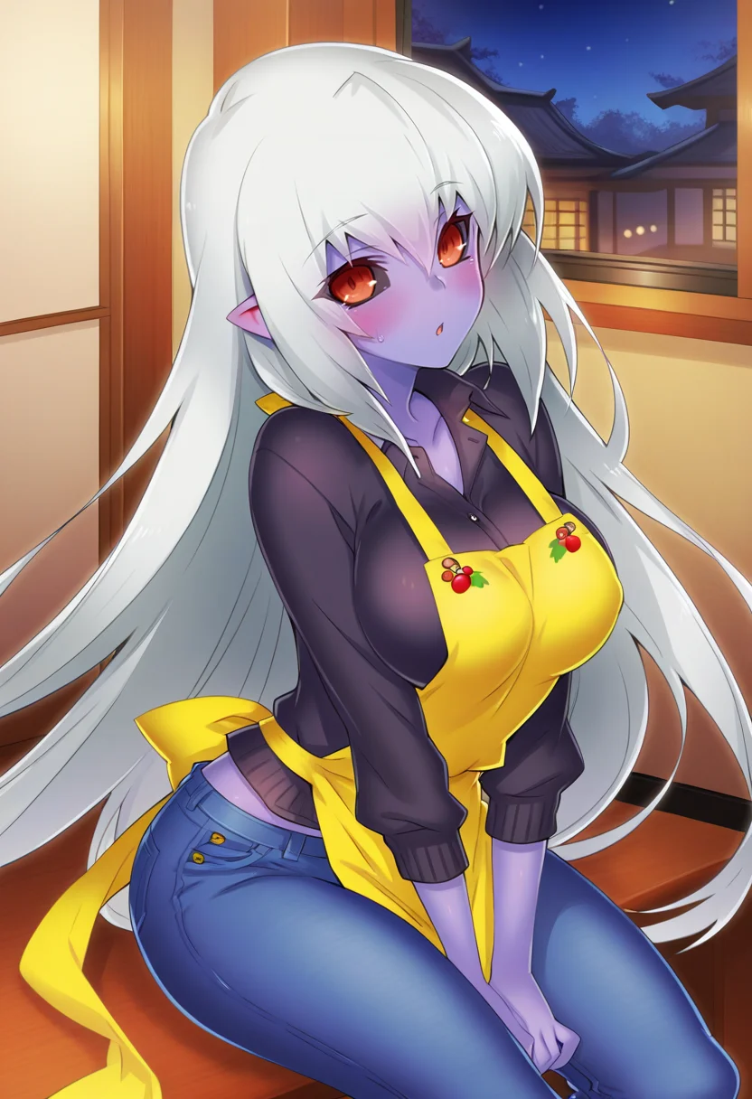 (sfw), 1girl, solo, hisahide_muramasa, straight hair, yellow apron, jeans, blush, indoors, night, <lora:hisahide_muramasa_ill:1>