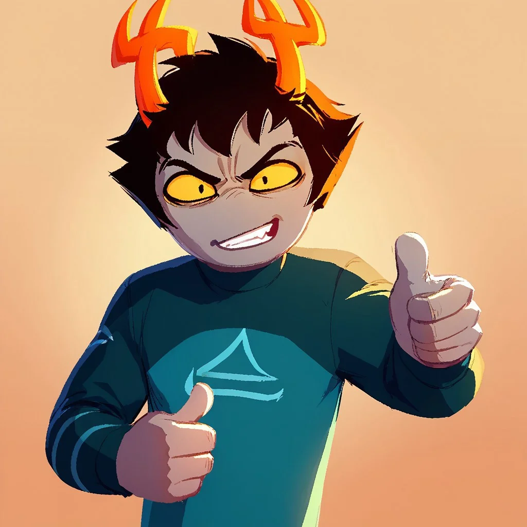 Score_9, score_8_up, score_7_up, Homestuck^2_style, 1boy, grey skin, horns, yellow sclera, thumbs up, black hair