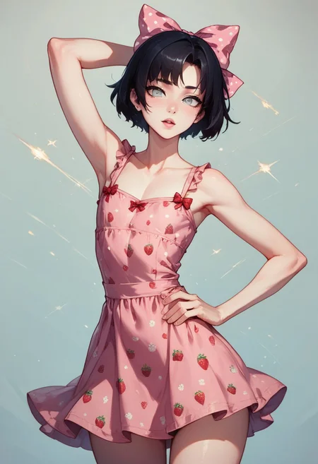 score_9, score_8_up, score_7_up, 1boy, femboy, otoko no ko, short hair, bob cut hair, black hair, grey eyes, gray eyes, feminine face, toned body, Shelly,
strawberry-print sundress, hair bow,
highly detailed, intricate, zzCitronCAT, contrapposto, one hand on hip, one arm up, modelshoot, cowboy shot