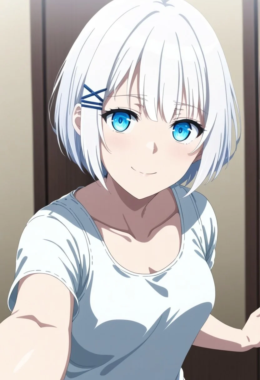 White hair, short hair, blue eyes, xhairclip hairclip, eye catching, siesta,
((best quality)),((highly detailed)),masterpiece,absurdres,detailed face,beautiful face,(detailed eyes, deep eyes),1girl,((dynamic pose)) solo, blue eyes, smile, short hair, white hair, hairclip, x hair ornament, meduim breasts, bangs,looking at viewer,tank top, dolphin shorts, dolphin_shorts, MirrorSelfie, anime, mirror selfie, holding phone, cowboy shot