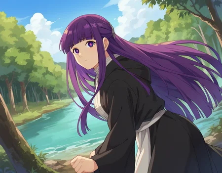 score_9, score_8_up, score_7_up, source_anime,
fern, <lora:fern-s1-ponyxl-lora-nochekaiser:1>,
fern, long hair, bangs, purple eyes, purple hair, sidelocks, blunt bangs, bright pupils, half updo,
long sleeves, dress, white dress, long dress, robe, black robe,
outdoors, nature, forest, trees, river, sun, sky, clouds, bent over,
looking at viewer, cowboy shot, dutch angle,