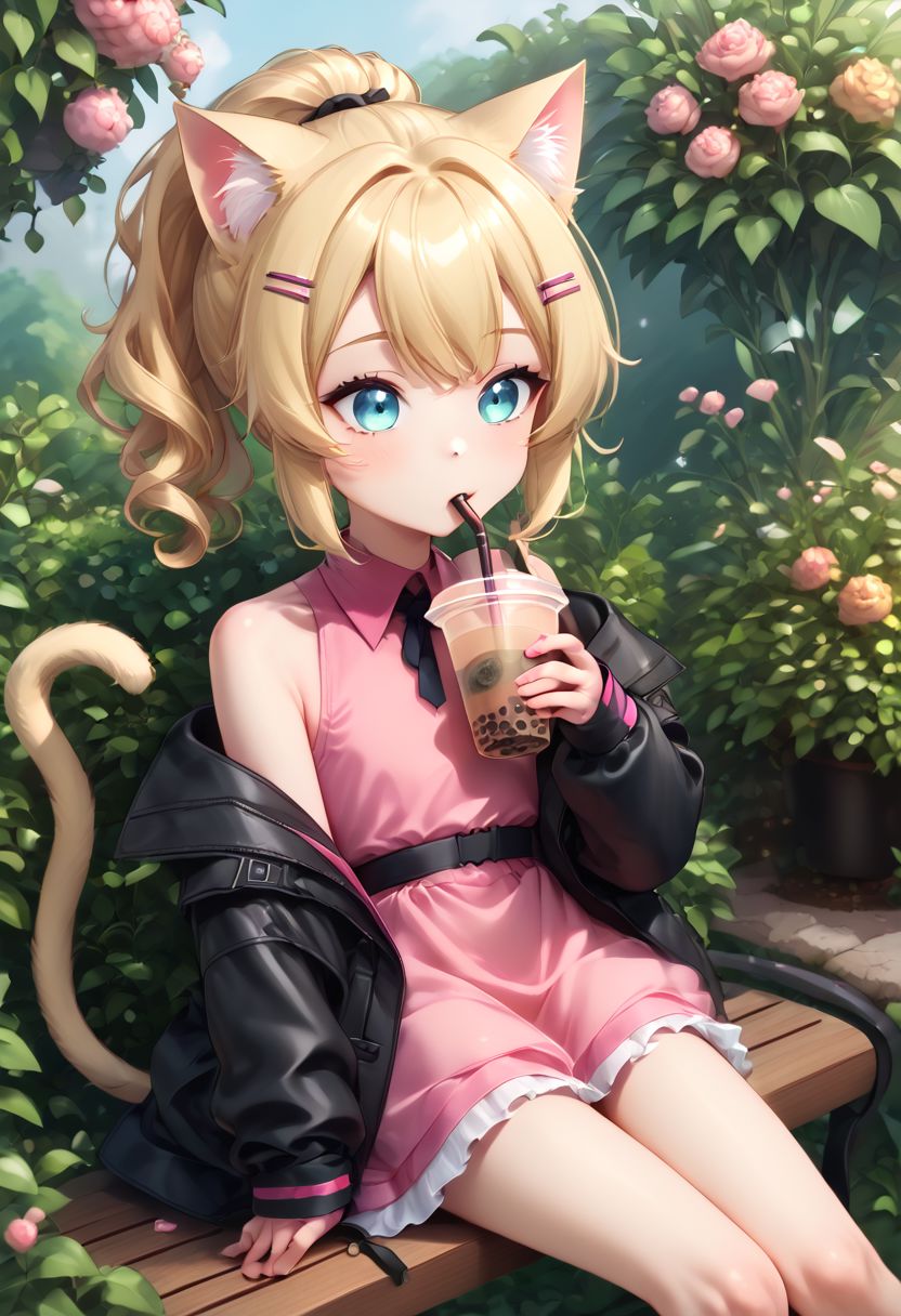 anime art. catgirl with blonde hair, blue eyes, pink shirt, hairclip, flat chest, cute pink dress, black jacket, cat tail, botanical garden in park, drinking bubble tea, sitting on bench