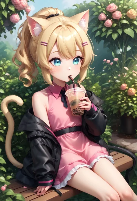 anime art. catgirl with blonde hair, blue eyes, pink shirt, hairclip, flat chest, cute pink dress, black jacket, cat tail, botanical garden in park, drinking bubble tea, sitting on bench