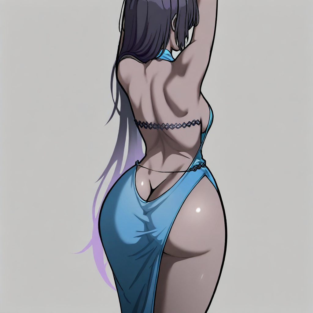(Anime lineart, ), masterpiece, anime wallpaper, CG, absurdres, highres, Female character's ass, wearing an evening dress, solo,highres, realistic skin texture, flexible pose,<lora:hyperSD8:1>, (illustration, 1girl, Karin, (karin(Blue Archive), blue archive), (dark-skinned_female), dark skin, (long hair (black hair), gradient hair, purple hair), (AK05EV3N1NGDR3S5), anime screencap  adult female, ass focus, Evening dress, backless dress, blue dress, dress, sideless dress, ass focus, butt crack, (dimples of venus), median furrow, close-up Simple background,
