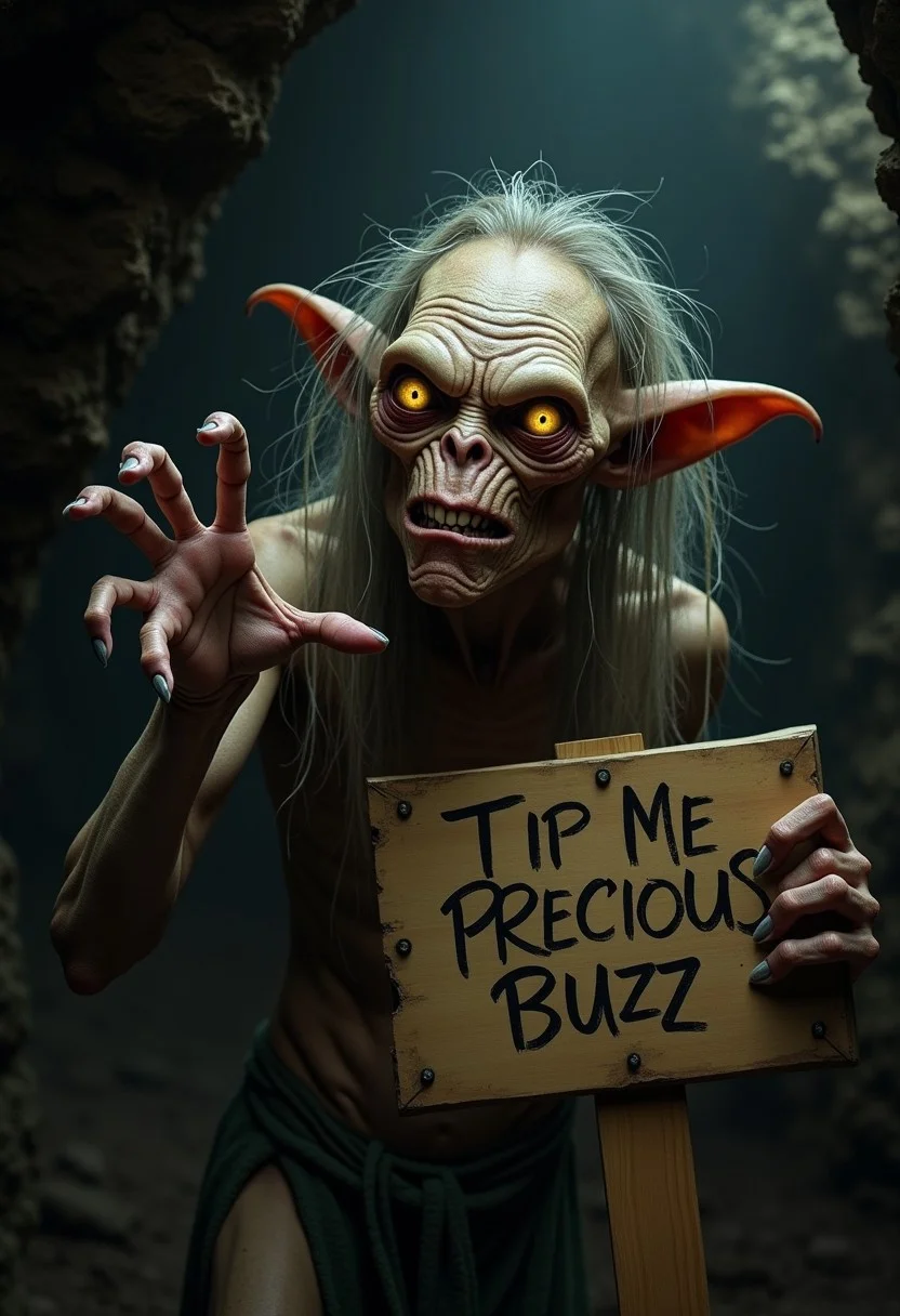 Depict a creature similar to Gollum from the Lord of the Rings films, with his frail, gaunt figure and large, glowing eyes, greedily staring directly at the viewer. His bony hand is extended, trembling slightly as he reaches out as if begging for something precious. His expression should be a mix of desperation, obsession, and cunning, with his mouth slightly open, exposing sharp teeth. The scene is dimly lit, emphasizing the shadows on his face and his wild, stringy hair, while his other hand tightly clutches a wooden board.  Gollum holds a wooden board sign with "Tip Me Precious Buzz" written on it. The wooden board appears clearly to the viewer.
The background is a dark, rocky cave, with minimal light casting an eerie glow around him. The overall atmosphere should feel tense and unnerving, capturing Gollum's iconic, obsessive nature.
