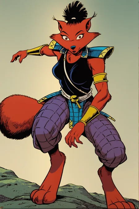 score_9, score_8_up,score_7_up, source_furry, 1girl, solo, NinTMTCom, retro, ninjara, furry female, fluffy tail, anthro, fox girl, topknot, short hair, armor, tail, furry, japanese armor, furry,  comic <lora:Ninjara_Mess_version:1> dark brown fur, dark skinned female,