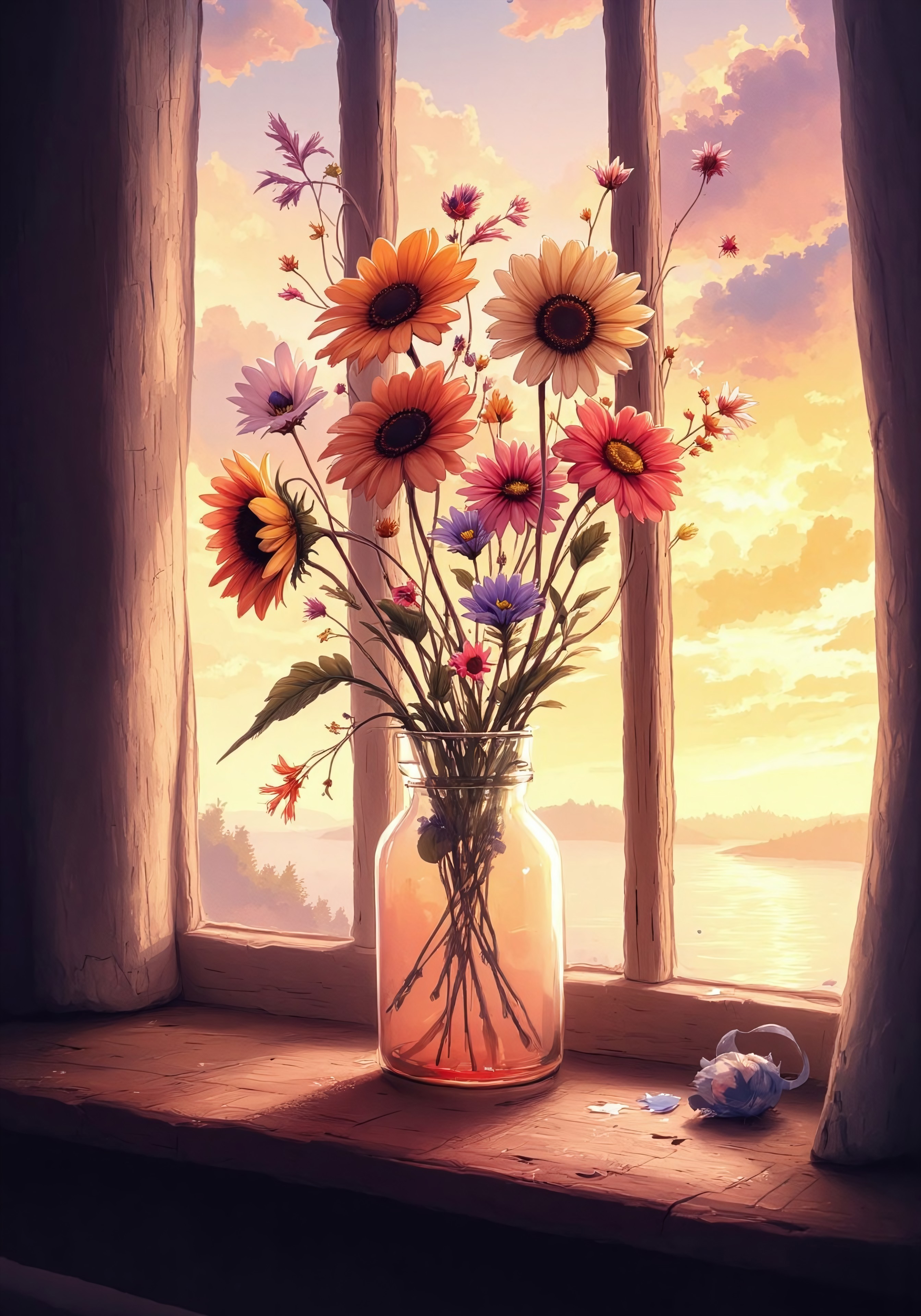 in the style of Jedwtrsk, watercolor, sketch, A simple glass vase holding an elegant arrangement of wildflowers—sunflowers, poppies, and chamomile—rests on a rustic wooden windowsill. The soft orange and purple tones of a dramatic sunset fill the sky outside, creating a stunning backdrop. Light filters through the petals, giving them a translucent glow, while the shadows stretch long across the windowsill, enhancing the minimalist, tranquil vibe of the scene