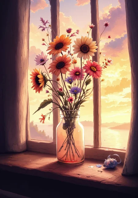 in the style of Jedwtrsk, watercolor, sketch, A simple glass vase holding an elegant arrangement of wildflowers—sunflowers, poppies, and chamomile—rests on a rustic wooden windowsill. The soft orange and purple tones of a dramatic sunset fill the sky outside, creating a stunning backdrop. Light filters through the petals, giving them a translucent glow, while the shadows stretch long across the windowsill, enhancing the minimalist, tranquil vibe of the scene