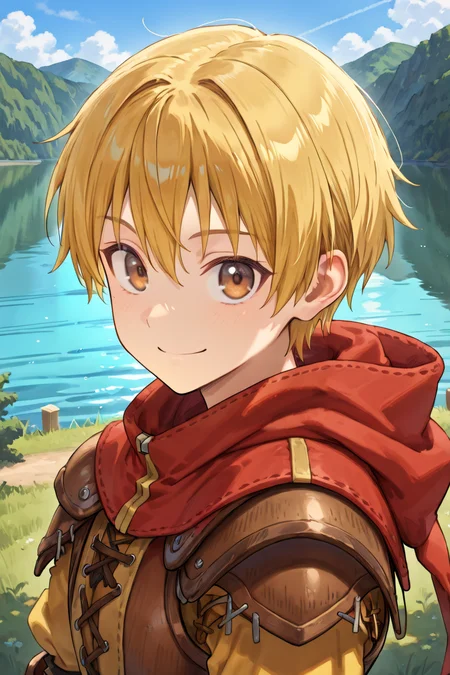 <lora:Canaan:0.9> , CaDef, solo, 1boy, brown eyes, short hair, blonde hair, red hood, hood down, shoulder pads, elbow pads, armor,  brown armor, cross-laced clothes, yellow sleeves, looking at viewer, smile, exterior, day, lake, ((close-up, face)), portrait,  solo, masterpiece, very aesthetic, absurdres, best quality, amazing quality, high resolution, detailed background, <lora:illustrious_quality_modifiers_masterpieces_v1:0.8> , <lora:ChamIllustriousBackgroundEnhancer:0.5>