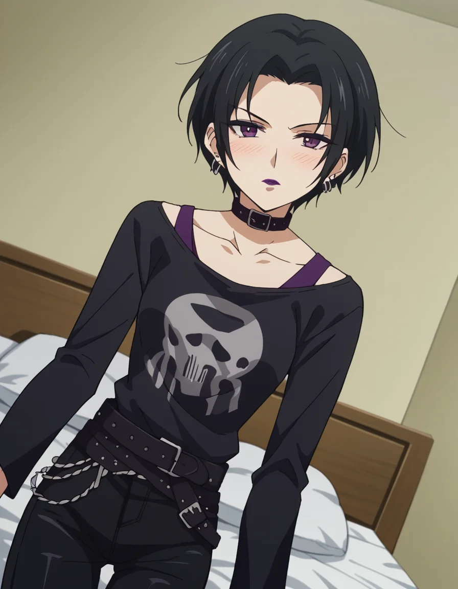 score_9, score_8_up, score_7_up, source_anime, <lora:goldentime-nana-s1-ponyxl-lora-nochekaiser:1> nana, short hair, black hair, jewelry, purple eyes, makeup, lipstick, small breasts,, jewelry, earrings, choker, belt, collar, collarbone, long sleeves, black shirt, black pants,, indoors, bed, bed room, on side, blush, drunk, looking at viewer, solo,, cowboy shot, dutch angle