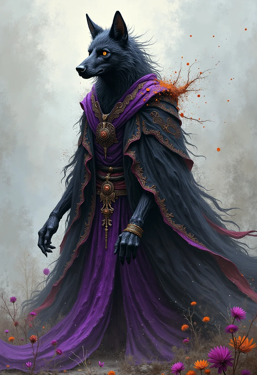 high quality, highly detailed, colorful, abstract, fantasy, fantasy background, The image is a realistic photo of a dark and mysterious creature. The creature appears to be a wolf, with a pointed snout and sharp teeth. It is wearing a long, flowing robe with intricate patterns and designs. The robe is made up of multiple layers of fabric, with the top layer being black and the bottom layer being purple. The wolf's fur is a mix of black and purple, with hints of orange and yellow. The background is filled with splashes of white and gray, creating a chaotic and chaotic atmosphere. The overall mood of the image is dark and ominous.<lora:FLUX\Enhancer\flux.1_lora_flyway_Epic-detail_v2.safetensors:0.8:0.8> <lora:FLUX\Style\Vaporwave_Graphic-e5.safetensors:0.6:0.6>