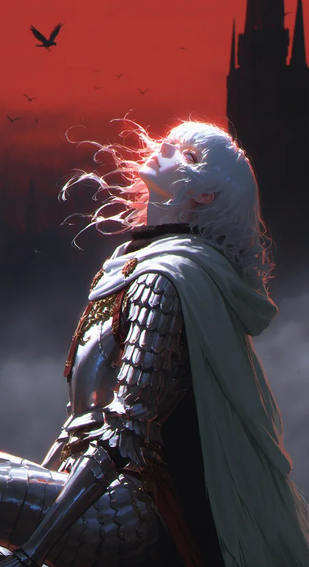 close-up, portrait, cinematic shot, very awa, masterpiece, highres, absurdres, newest, year 2024, year 2023, melancholy, from above, from side, solo, 1boy, griffith \(berserk\), long hair, white hair, white armor, white cloak, brown boots, knee boots, ((mature male)), muscular, messy hair, tall, long legs, outdoors, looking up, red sky, wind, head up, head tilt, sitting, looking afar, bird, castle in the background, (fog), (3d, realistic), berserk, 
<lora:best_of_ai_styles_noob-vpred-1.0_v1.337-edm2-pass-long:0.5> <lora:G0zeNA_style:0.33> <lora:lora:0.33> <lora:add-detail-xl:0.5> <lora:ponyv6_noobV1_2_adamW:0.33> <lora:spo_sdxl_10ep_4k-data_lora_webui:0.81>