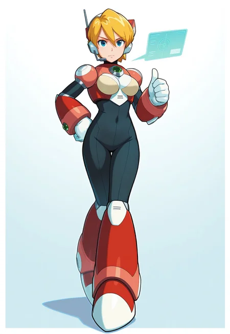 Masterpiece, best quality, 1girl, solo, android, blonde hair, bangs, hair between eyes, blue eyes, robot ears, breasts, MMX5, headset, short hair, hair bun, red armor, red boots, white gloves, black bodysuit, signal, hand on hip, dynamic pose, thumbs up, Harusuee, futuristic, communications center, hologram,