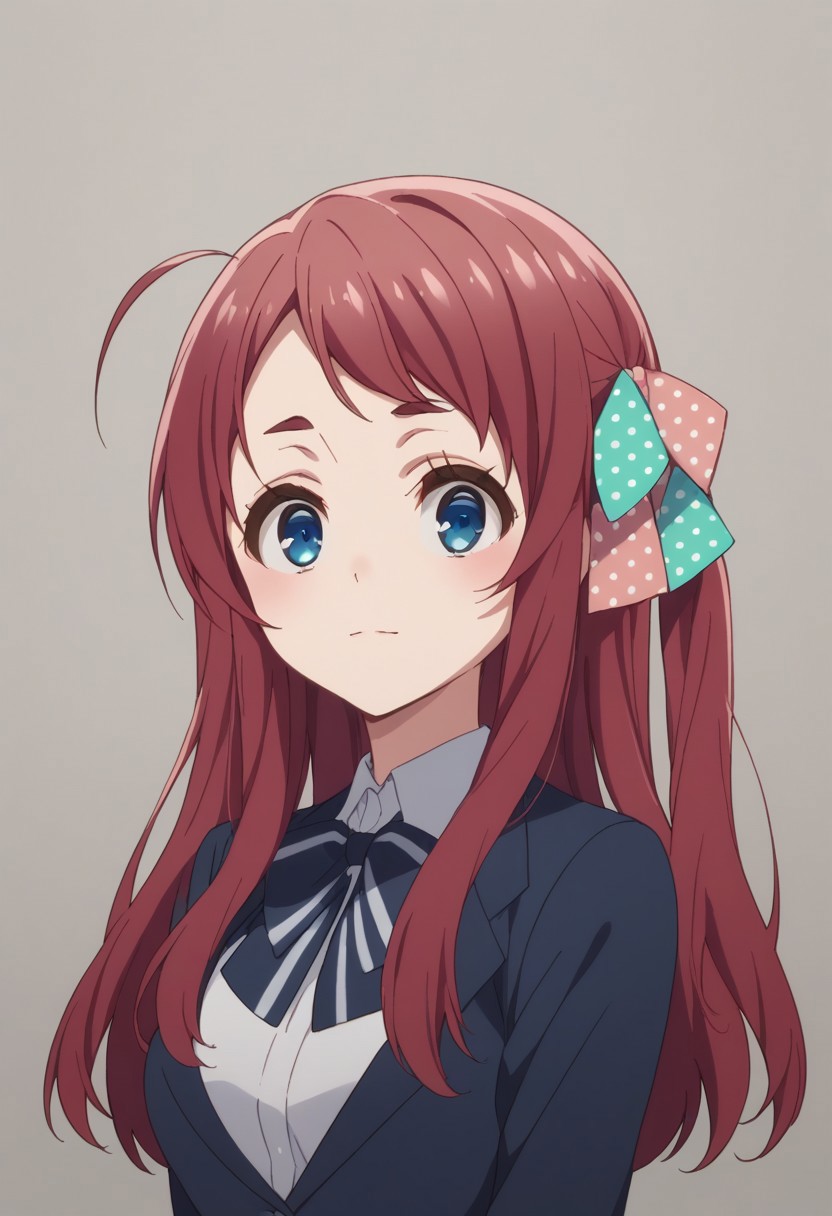 score_9, score_8_up, score_7_up, source_anime, highly detailed, 
sakuraminamoto, 1girl, solo, polka dot, blue eyes, bow, polka dot bow, long hair, red hair, upper body,
hair bow, school uniform, long sleeves, polka dot ribbon, standing, ahoge,
 looking at viewer, bowtie,