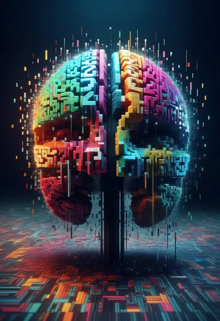 a voxel human brain covered in number codes, falling apart, glitch, enhanced background, creative, beautiful, vibrant, masterpiece, 8k, Ultra HD, amazing details, amazing quality, amazing artist, sharp edges, detailed textures, full view, atmospheric lighting, amazing visuals
