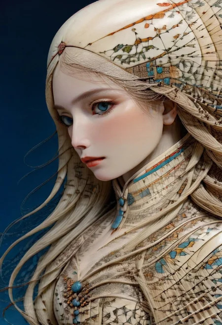 made out of scrimshaw, 1girl, solo, long hair, detailed eyes, natural eyes, very aesthetic, intricate eyes, confident, focused, at night, mascara, beautiful female, detailed, candles, dynamic shot, night, mature woman, bokeh, masterpiece, best quality, amazing quality, absurdres, thick lips, fully dressed, nbn-freyja, gloves, (anatomically correct:1.9), feminine strength, grief, freedom, ritual magic, auburn hair, photorealism, cinematic lighting, high fantasy, mythic portraiture, soft background, northern folklore aesthetic, (cybersuit made out of scrimshaw:1.8), (hat made out of scrimshaw:1.6), natural hands, cyberpunk, futuristic, outdoors, graveyard made out of scrimshaw.