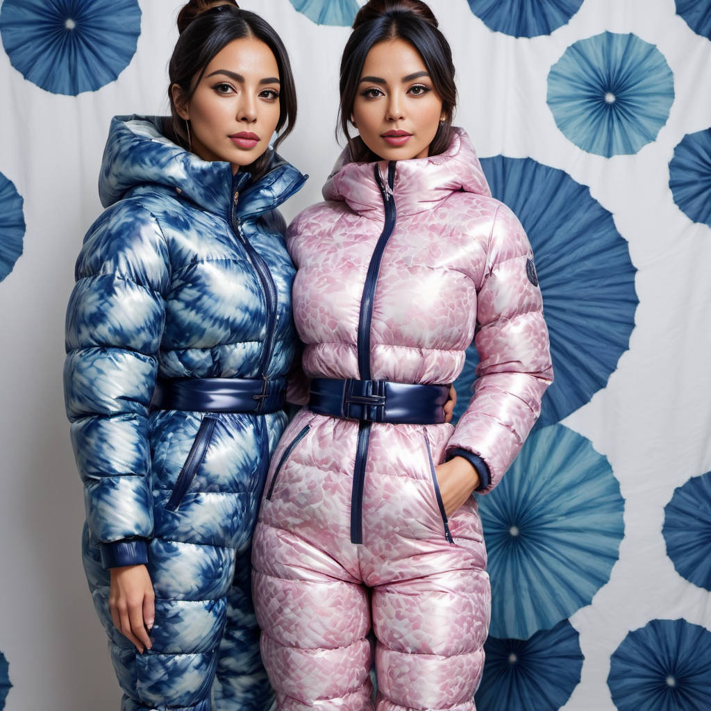 two hispanic 40 year old women wearing aJapanese-inspired prints (e.g., Shibori)   latex downsuit puffer_downsuit , hyperdetailed photography,4k textures,intricate details,4k resolution,  <lora:puffer_downsuit_v1:0.8>