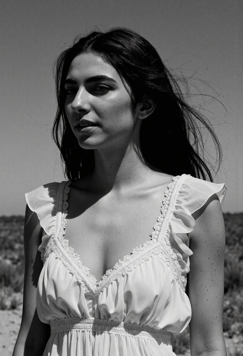 <lora:cascina-caradonna-lora:1>,cc woman, smile,   ,dressed in a romantic chiffon dress with an empire waist and delicate ruffles,sighing deeply,Clear desert sky,Monochrome Black and white contrast tone texture detailed,Fomapan 400,key light,Astrophotography,Natural Sunlight